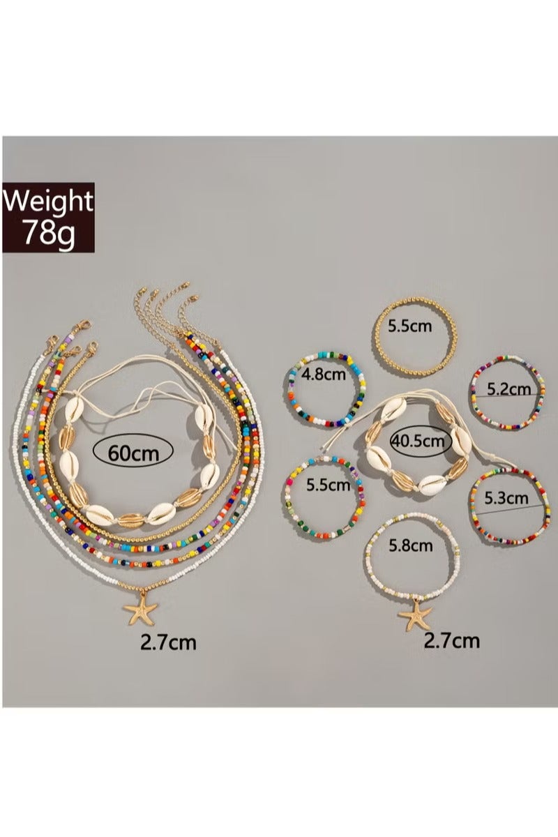 KHAJUL 12-Piece Bohemian Rice Grain Necklaces and Bracelets, Shells and Stars Set - Image 2
