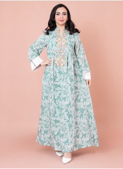 اكسا جلابية نقوش اوراق شجر مطرزة IN1031 اخضر  - Image 1