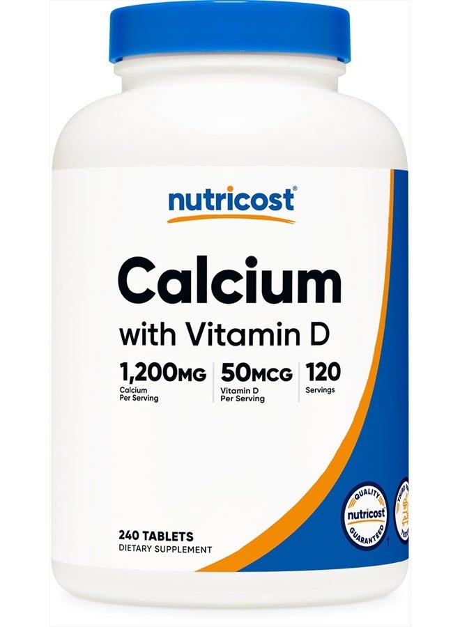 Nutricost كالسيوم مع فيتامين د، 240 قرص - كالسيوم (1200 ملغ) فيتامين د (50 ميكروغرام) لكل حصة - غير معدّل وراثيًا، خالي من الغلوتين - Image 1
