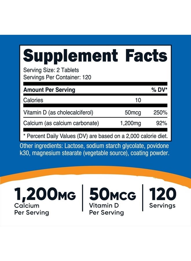 Nutricost كالسيوم مع فيتامين د، 240 قرص - كالسيوم (1200 ملغ) فيتامين د (50 ميكروغرام) لكل حصة - غير معدّل وراثيًا، خالي من الغلوتين - Image 2