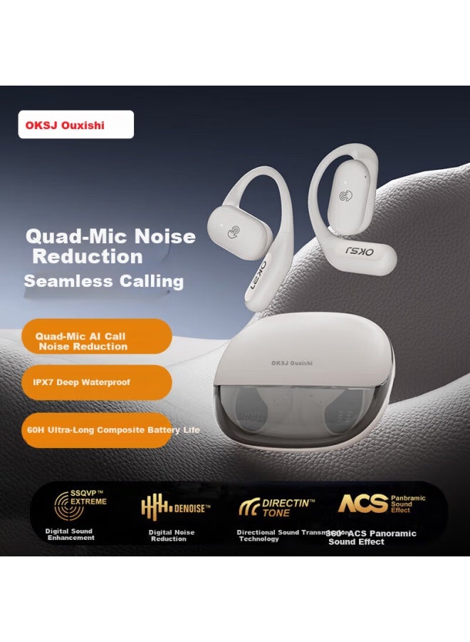 Oksj Four-mark Ai Noise Cancelling Waterproof Body Bluetooth Earhook Bone Conduction Concept Long Battery Life Open-ear Wireless Sports Call Noise Cancelling White - Image 1