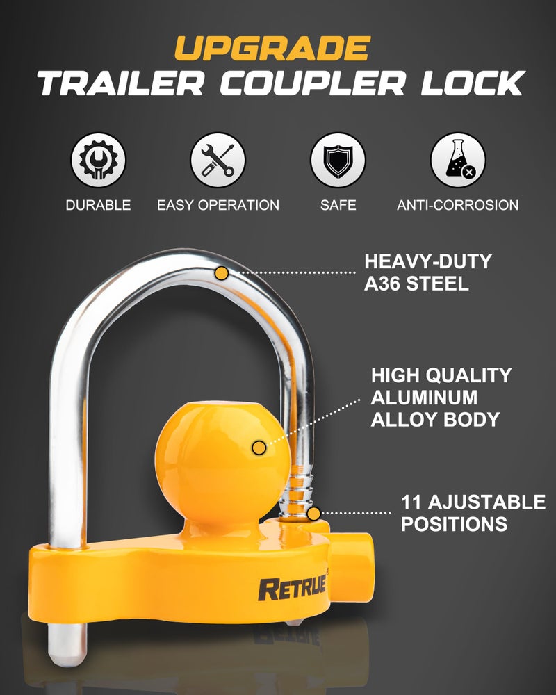 RETRUE Universal Coupler Lock Trailer Locks Ball Hitch Trailer Hitch Lock Adjustable Security Heavy-Duty Steel Fits 1-7/8 Inch, 2 Inch, 2-5/16 Inch Couplers, Yellow - Image 3