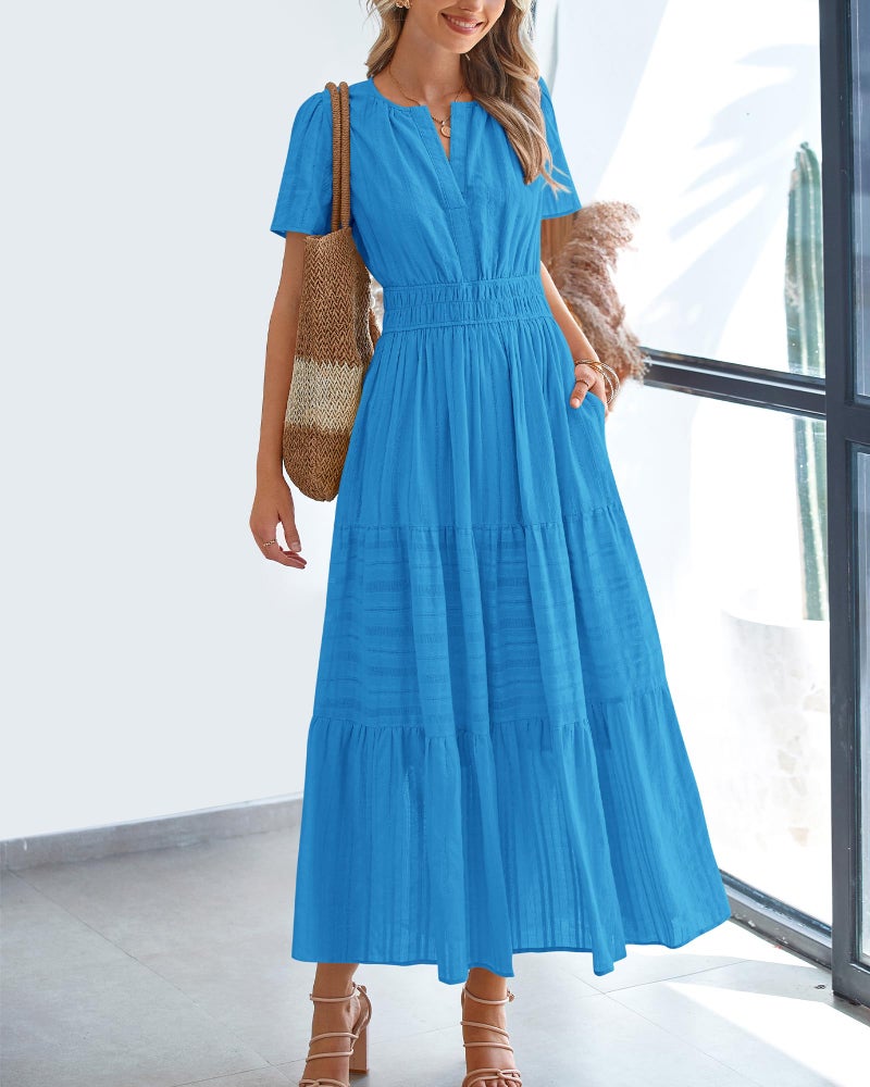 BTFBM Womens Summer 2026 Casual Midi Maxi Dresses Lightweight Short Sleeve V Neck Elastic Waist Boho Beach Dress Pockets(Brilliant Blue, X-Large) - Image 2