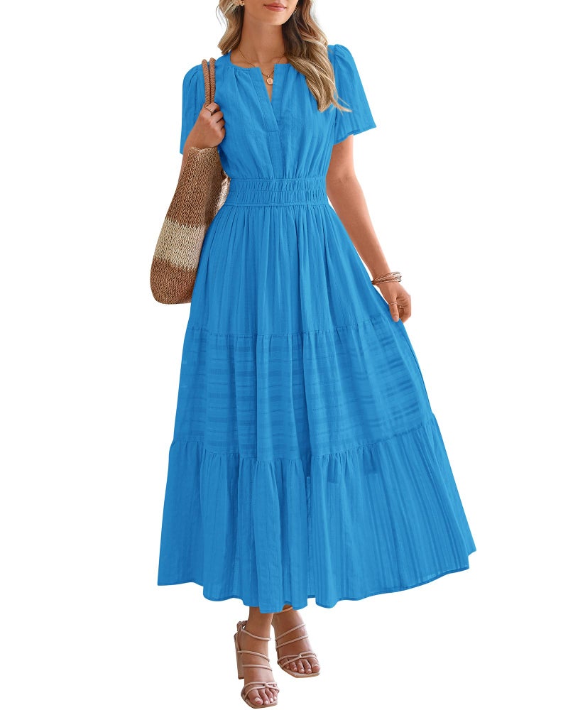 BTFBM Womens Summer 2026 Casual Midi Maxi Dresses Lightweight Short Sleeve V Neck Elastic Waist Boho Beach Dress Pockets(Brilliant Blue, X-Large) - Image 1