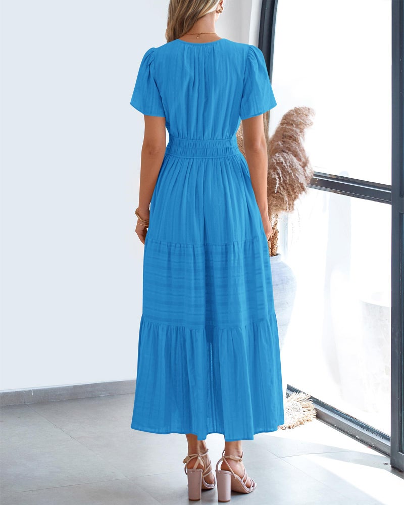 BTFBM Womens Summer 2026 Casual Midi Maxi Dresses Lightweight Short Sleeve V Neck Elastic Waist Boho Beach Dress Pockets(Brilliant Blue, X-Large) - Image 3