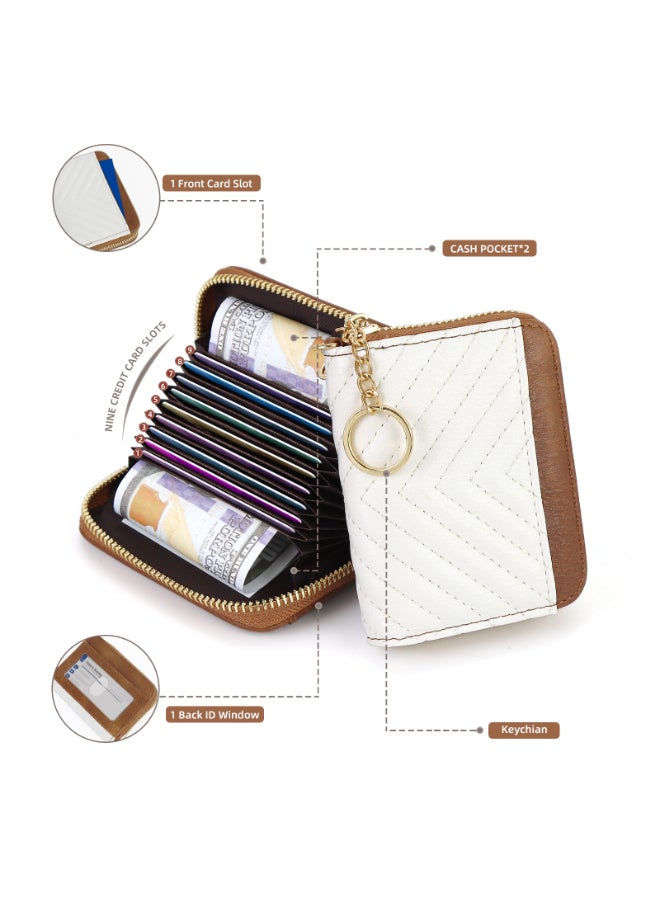 SHABILI Women PU Multi-Pocket Zipper Wrist Card Holder Wallet , Ladies Tote Style Passport Wrist Bag Organizer, Quilted Stitching RFID Blocking Accessory for Teen Youth Daily Business Travel (White Brown) - Image 2