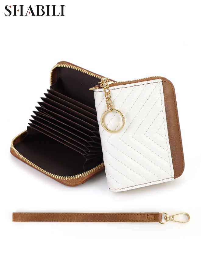 SHABILI Women PU Multi-Pocket Zipper Wrist Card Holder Wallet , Ladies Tote Style Passport Wrist Bag Organizer, Quilted Stitching RFID Blocking Accessory for Teen Youth Daily Business Travel (White Brown) - Image 1