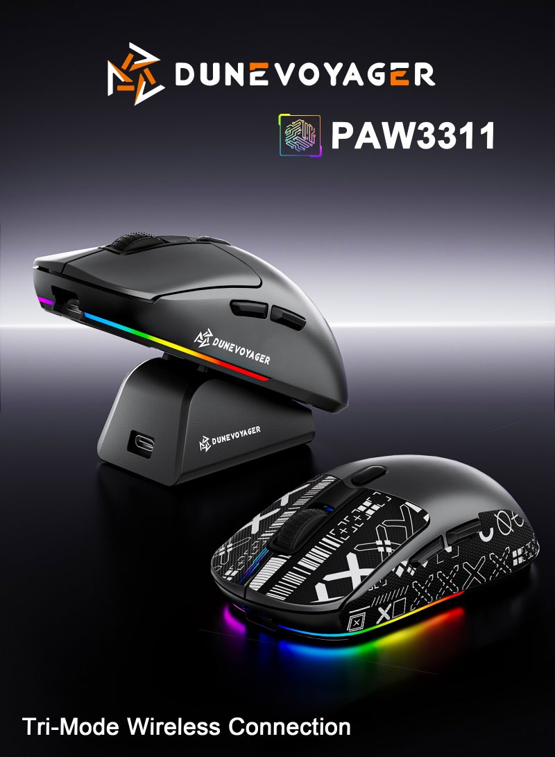 مسافر الكثبان فأرة قيمنق لاسلكية SE2 ثلاثية الأوضاع مع قاعدة شحن مغناطيسية، ماوس ألعاب خفيف الوزن مضاد للانزلاق، مزود بمستشعر PixArt PAW3311، دقة 24000 DPI ومعدل استجابة 1000Hz، يدعم البلوتوث / 2.4G / USB-C، متوافق مع PS4 / PS5 / PC / Xbox، مع برنامج مخصص للتحكم الكامل. - Image 1