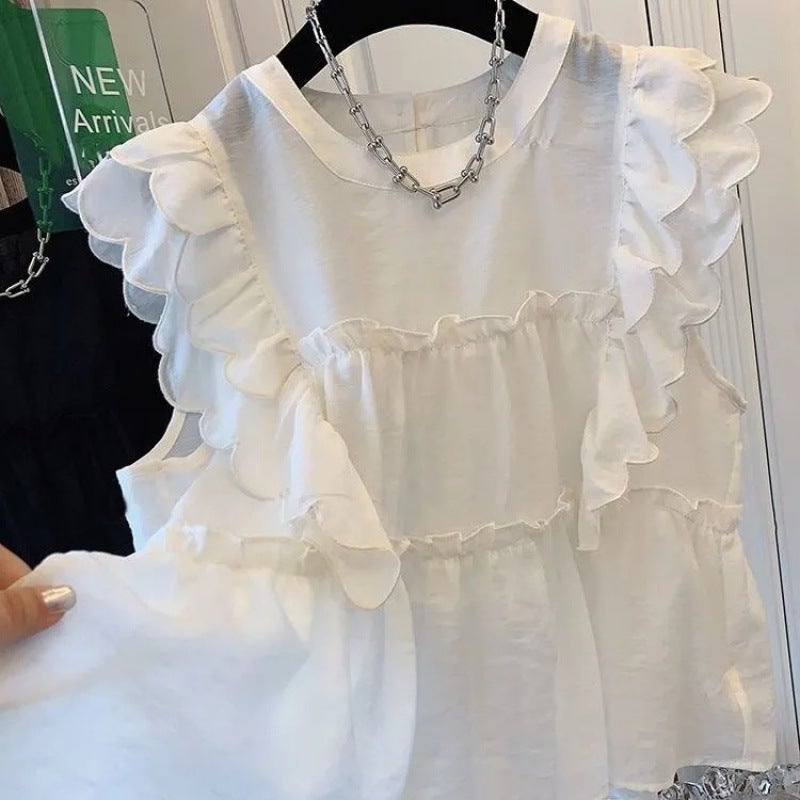 French Ruffled Flying Sleeve Round Neck Shirt For Women Summer Sweet Baby Doll Shirt Loose Niche Chic Sleeveless Top - Image 1