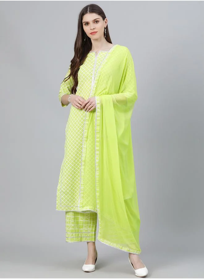 لباس Printed Kurta with Palazzo and Chiffon Solid Dupatta Set by Styli