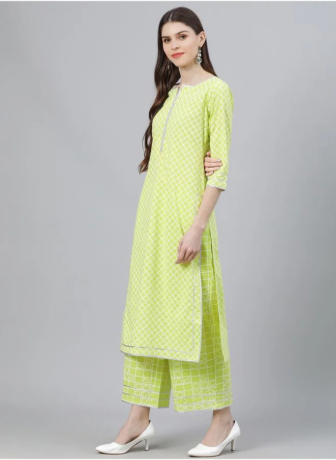 لباس Printed Kurta with Palazzo and Chiffon Solid Dupatta Set by Styli
