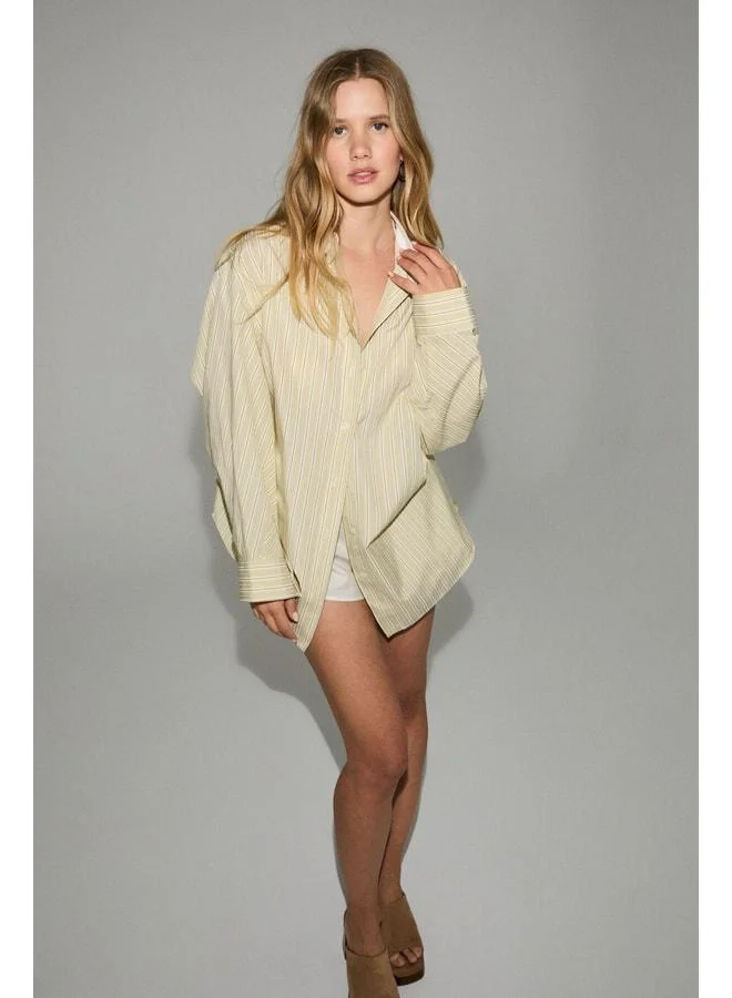 Grimelange LUMORE Women's Oversize Fit 100% Organic Cotton Yellow Striped Shirt.