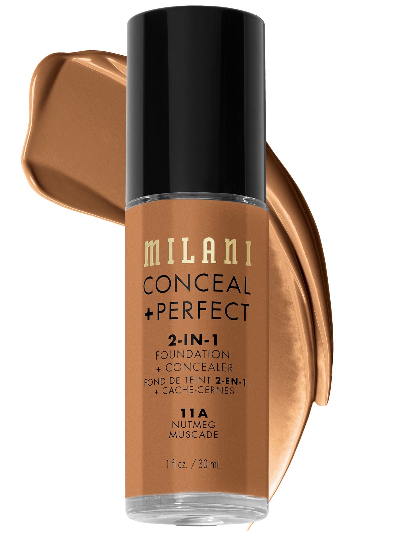 Milani Cosmetics Conceal + Perfect 2-In-1 Foundation + Concealer 11A Nutmeg Deep Bronze with Deep Yellow Undertone 30ml – Full Coverage, Lightweight, Long-Lasting, Water-Resistant, Oil-Free, Vegan & C