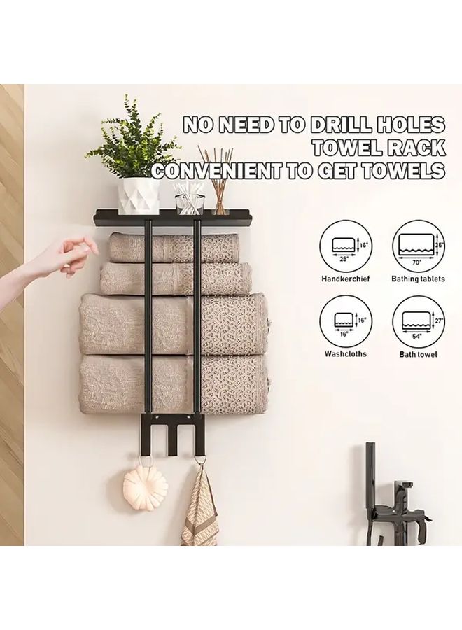 Black Wall Mounted Towel Storage Rack With 3 Hooks No Drill Bathroom Organizer - Image 2