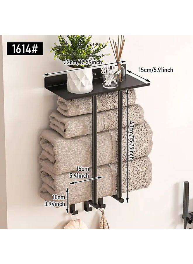 Black Wall Mounted Towel Storage Rack With 3 Hooks No Drill Bathroom Organizer - Image 3