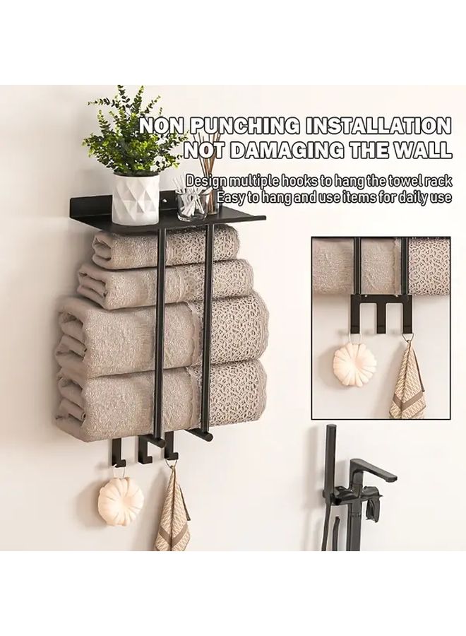 Black Wall Mounted Towel Storage Rack With 3 Hooks No Drill Bathroom Organizer - Image 1