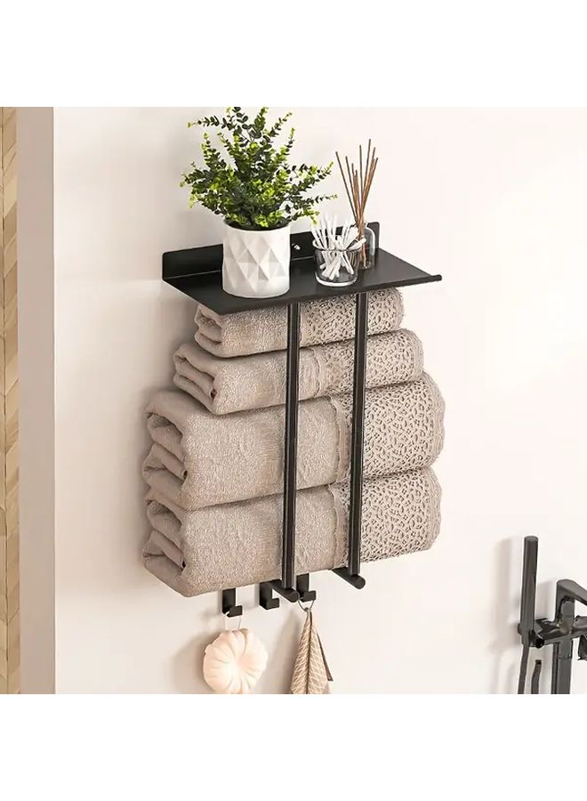 Black Wall Mounted Towel Storage Rack With 3 Hooks No Drill Bathroom Organizer - Image 4