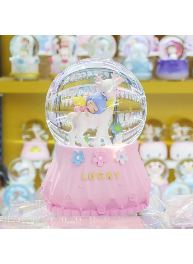 Crystal Ball Ornament Girls Children's Music Box 2024 Year Gift Bedroom Decoration Fantasy Snow Music Box-Color:Large Size 100 # A Deer Grows Flowers In Pink [music + Lights + Automatic Snow] - Image 1