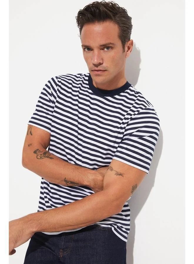جون June Men Regular Fit Striped Crew Neck Tshirt Navy