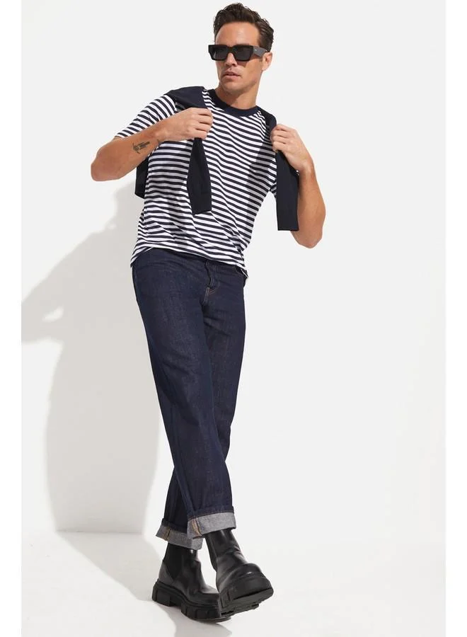 جون June Men Regular Fit Striped Crew Neck Tshirt Navy