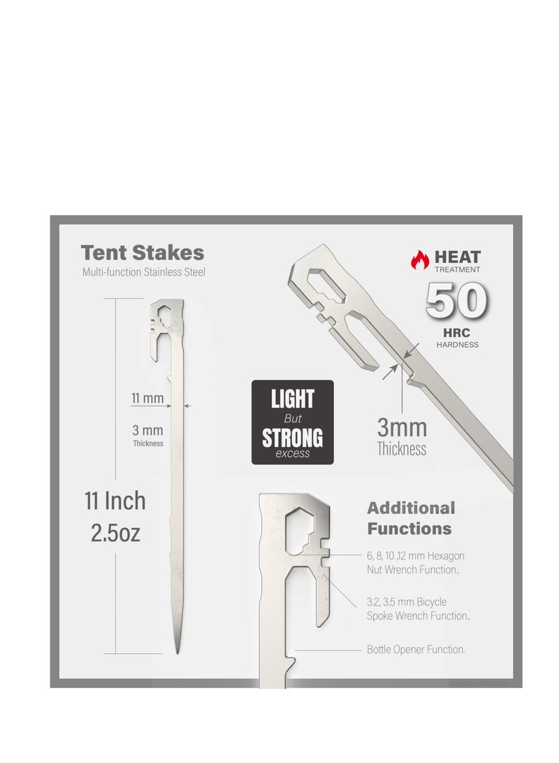 Excefore Tent Stakes, 11 inch 6 Pcs Multifunctional Stainless Steel Heavy Duty Metal Pegs, 2.47 oz Light Weight & Portable, Wind-Resistant Size, for Camping Backpacking Garden Hammocks and Canopy - Image 3