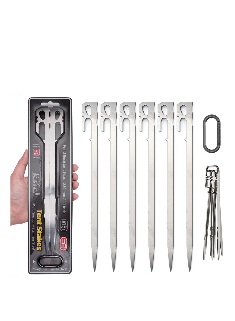 Excefore Tent Stakes, 11 inch 6 Pcs Multifunctional Stainless Steel Heavy Duty Metal Pegs, 2.47 oz Light Weight & Portable, Wind-Resistant Size, for Camping Backpacking Garden Hammocks and Canopy - Image 1