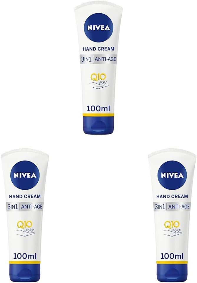 كريم اليدين NIVEA 3 في 1 Q10 للعناية بمكافحة الشيخوخة 100 مل كريم مرطب لليدين يقلل من ظهور التجاعيد مع Q10 ومرشحات UV كريم اليدين NIVEA لترطيب لمدة 24 ساعة