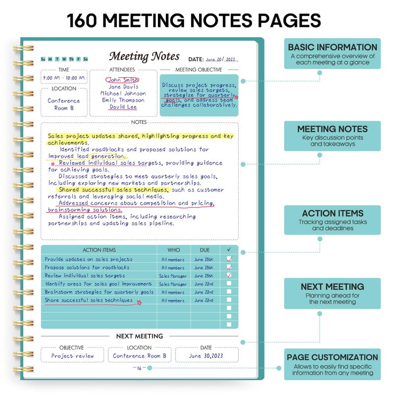 Taja Meeting Notebook for Work Organization - Work Planner Notebook with Action Items, Agenda Planner for Note Taking, 160 Pages (6.9" X 9.9") Project Organizer for Men & Women - Blue - Image 2