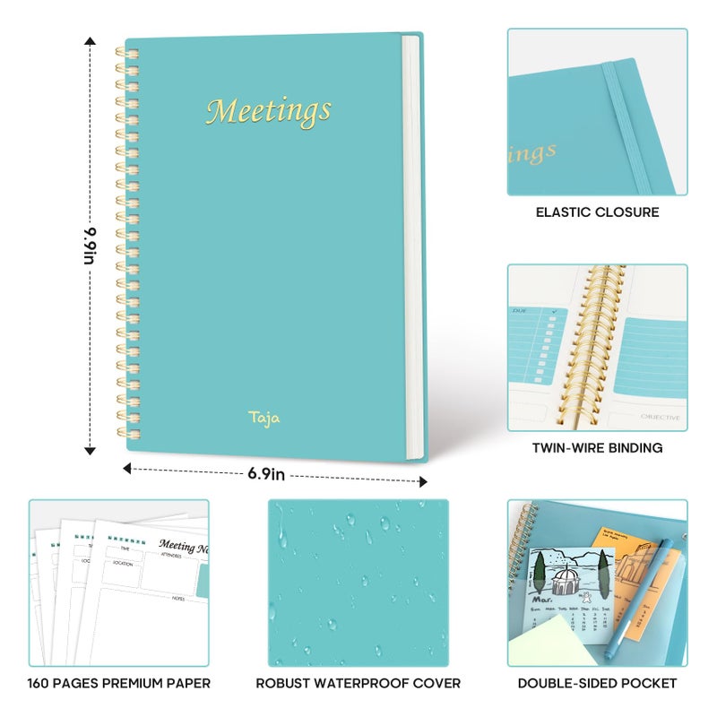 Taja Meeting Notebook for Work Organization - Work Planner Notebook with Action Items, Agenda Planner for Note Taking, 160 Pages (6.9" X 9.9") Project Organizer for Men & Women - Blue - Image 4
