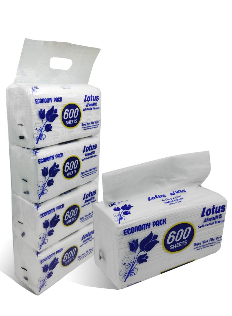 Lotus Alwadi Lotus Al Wadi Facial tissue 600 Sheets(Many), 1 ply per Bundle - 4 bundles (2400 tissues in 1 pack) - Image 1