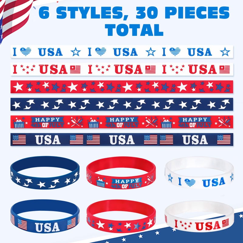 Genuvi 4th of July Patriotic Rubber Bracelets USA American Flag Wristbands Red White and Blue Silicone Bracelet for Independence Day Party Favors for Kids Teens School Classroom Prizes Gifts 30 PCS - Image 4