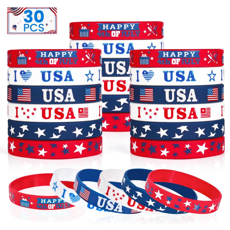 Genuvi 4th of July Patriotic Rubber Bracelets USA American Flag Wristbands Red White and Blue Silicone Bracelet for Independence Day Party Favors for Kids Teens School Classroom Prizes Gifts 30 PCS - Image 1