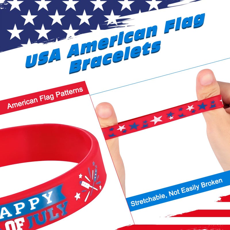 Genuvi 4th of July Patriotic Rubber Bracelets USA American Flag Wristbands Red White and Blue Silicone Bracelet for Independence Day Party Favors for Kids Teens School Classroom Prizes Gifts 30 PCS - Image 3