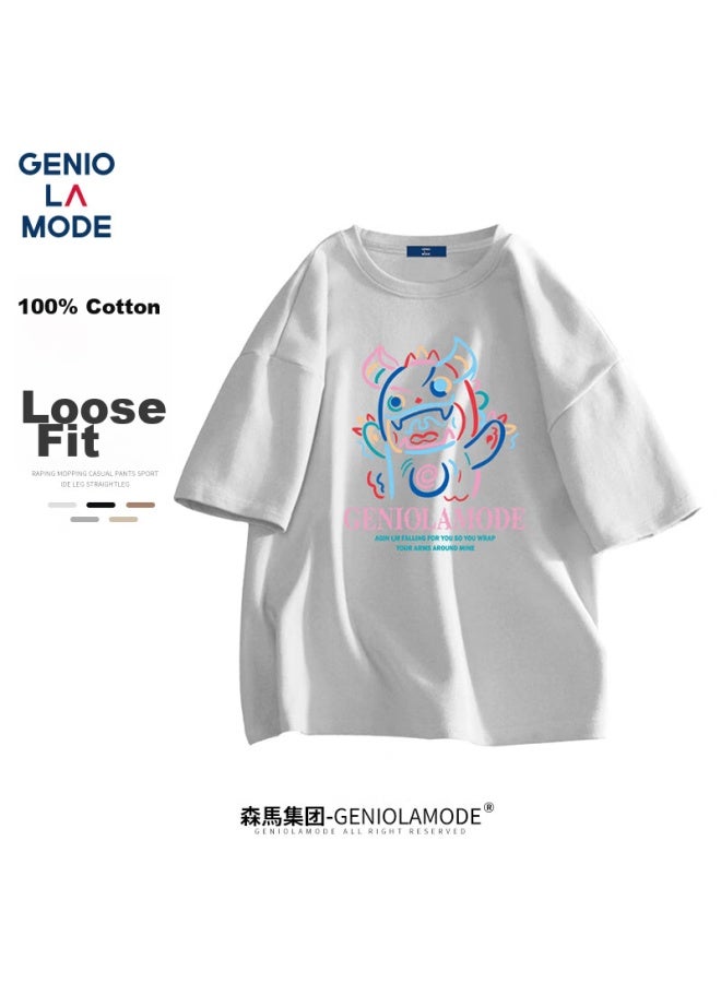Geniolamode Men's Short-sleeve T-shirt, New Trendy Brand, Small Devil Print, Loose Casual Five-quarter Sleeve, Pure Cotton Comfortable Breathable T-shirt - Image 4