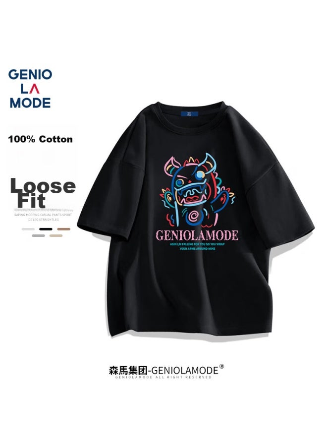 Geniolamode Men's Short-sleeve T-shirt, New Trendy Brand, Small Devil Print, Loose Casual Five-quarter Sleeve, Pure Cotton Comfortable Breathable T-shirt - Image 1