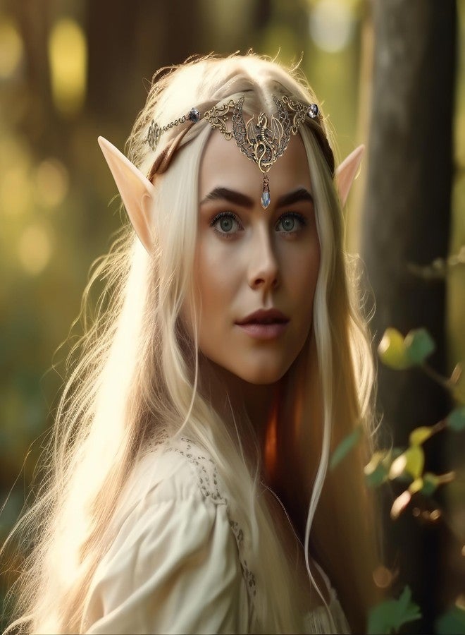 FRESHME Fairy Elf Ears with Moon Headpieces - Handmade Black Moon Crystal Head Chain Goddess Crescent Headband for Women Girls Renaissance Halloween Cosplay Costume Accessories - Image 3
