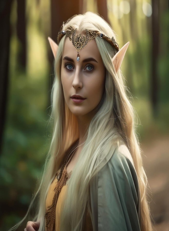 FRESHME Fairy Elf Ears with Moon Headpieces - Handmade Black Moon Crystal Head Chain Goddess Crescent Headband for Women Girls Renaissance Halloween Cosplay Costume Accessories - Image 2
