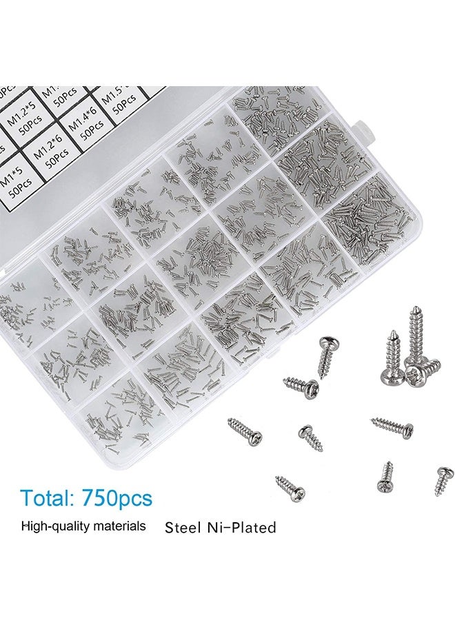 MVAQKLM  750Pcs 15 Sizes Silver Tiny Screws for Electronics, M1/M1.2/M1.4/M1.5/M1.7 Very Small Phillips Pan Head Self Tapping Screws, Micro Wood Screws, Mini Electronic Screws Assortment Kit Carbon Steel - Image 2