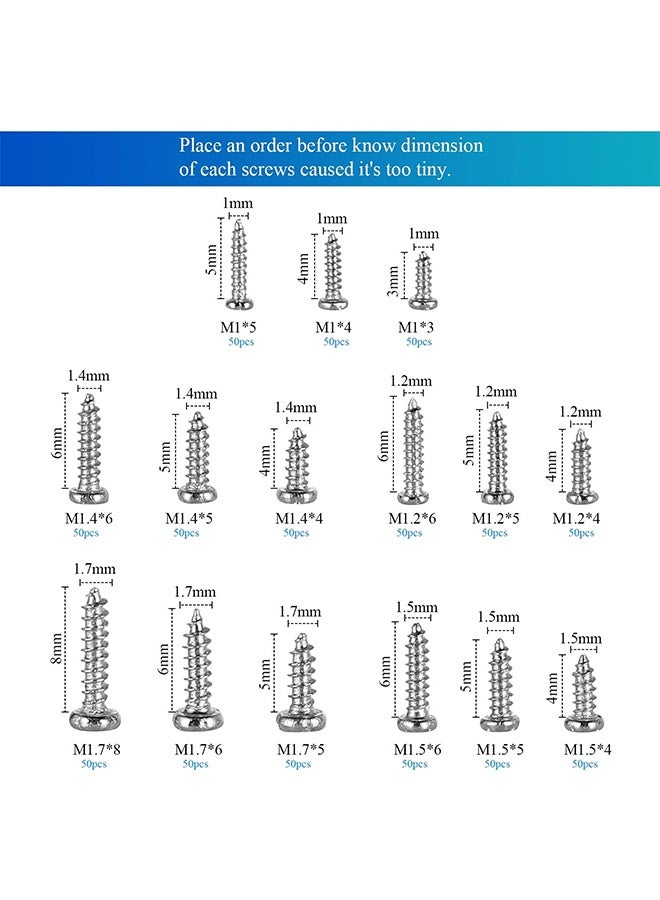 MVAQKLM  750Pcs 15 Sizes Silver Tiny Screws for Electronics, M1/M1.2/M1.4/M1.5/M1.7 Very Small Phillips Pan Head Self Tapping Screws, Micro Wood Screws, Mini Electronic Screws Assortment Kit Carbon Steel - Image 4