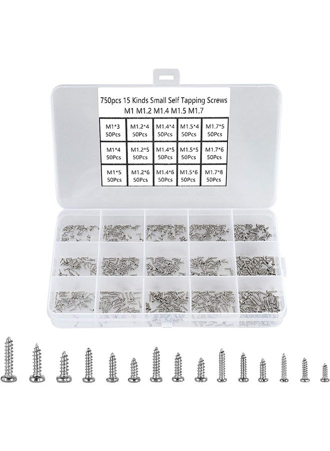 MVAQKLM  750Pcs 15 Sizes Silver Tiny Screws for Electronics, M1/M1.2/M1.4/M1.5/M1.7 Very Small Phillips Pan Head Self Tapping Screws, Micro Wood Screws, Mini Electronic Screws Assortment Kit Carbon Steel - Image 1