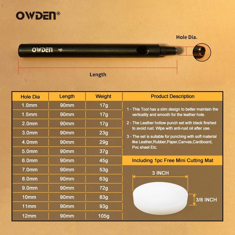 OWDEN Professional 13 Pcs Leather Hole Punch Set (Slim Style) 1.0-12MM for Belt,Watch Band and Strap Gasket. with a Free 3" Nylon mat. - Image 2