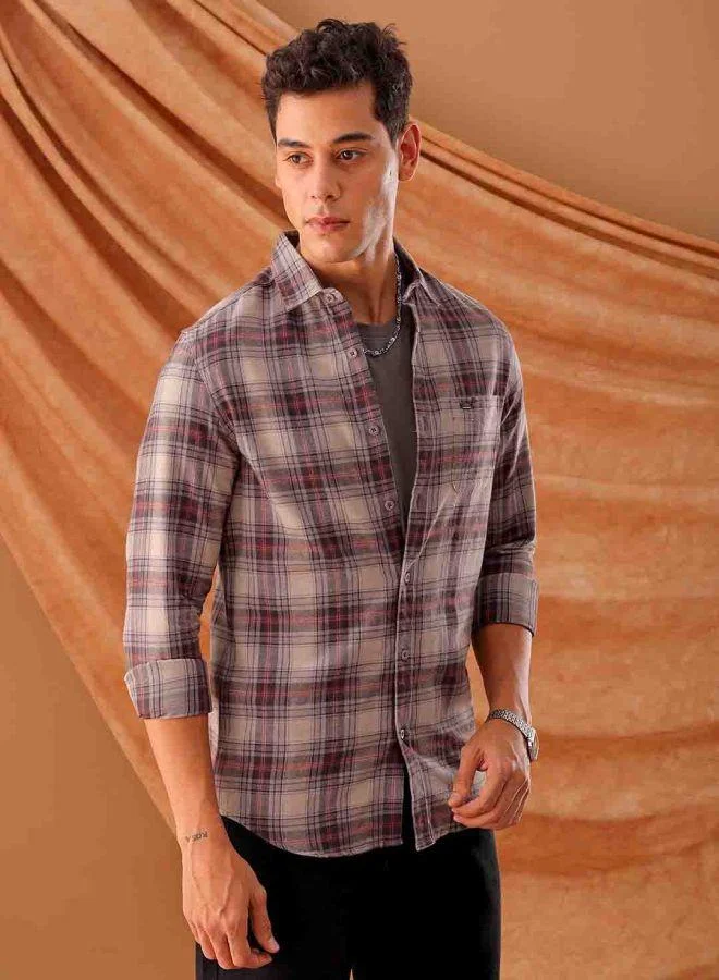 ذا انديان كراج كو Men Slim Fit Checkered Full Sleeves Cutaway Collar Casual Shirt