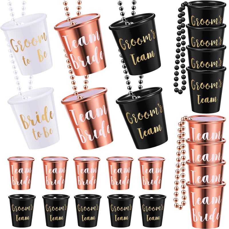 قلادة كؤوس شوت 24 من جاديف مزينة بالخرز مع تصميم فريق العروس والعروس المستقبلية لكؤوس بلاستيكية لحفلات الزفاف وأعياد الميلاد وحفلات البكالوريوس وحفلات الزفاف باللون الأبيض والوردي والذهبي والأسود