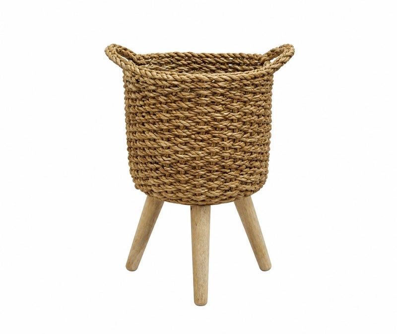 Handmade Woven Seagrass Basket with Wooden Legs, Large Size Natural Storage Box, Rustic Home Organizer for Living Room, Bedroom, Kitchen, and Outdoor Use, Durable Handcrafted Rattan Container - Image 3