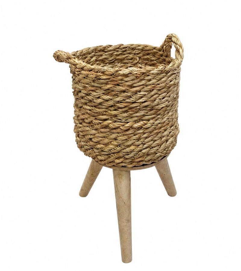 Handmade Woven Seagrass Basket with Wooden Legs, Large Size Natural Storage Box, Rustic Home Organizer for Living Room, Bedroom, Kitchen, and Outdoor Use, Durable Handcrafted Rattan Container - Image 4
