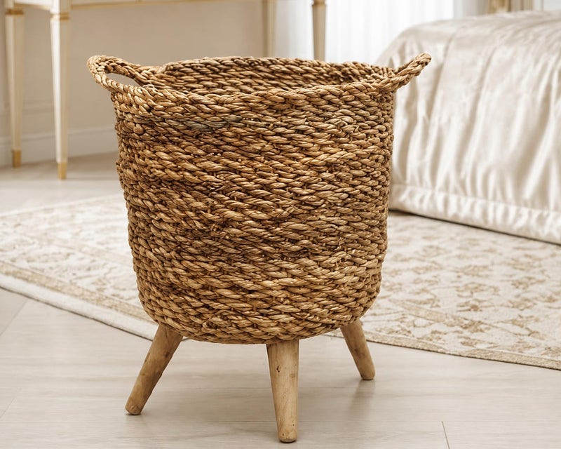 Handmade Woven Seagrass Basket with Wooden Legs, Large Size Natural Storage Box, Rustic Home Organizer for Living Room, Bedroom, Kitchen, and Outdoor Use, Durable Handcrafted Rattan Container - Image 1