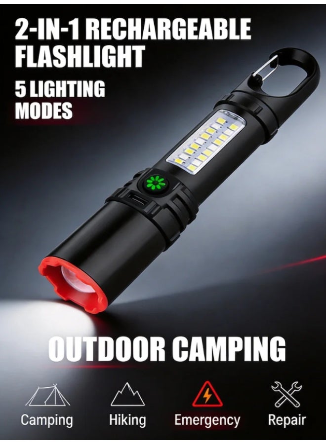 JACIRCLE Flashlight,Rechargeable Flashlight,Handheld Flashlights, 2 in 1 Rechargeable Flashlight with Plastic Hook – 3 Brightness Levels & 5 Lighting Modes,  USB-C Rechargeable LED Outdoor Lamp, ABS Plastic Housing, IPX4 Waterproof, 2-4 Hours Runtime for Camping, Hiking, Emergency Use - Image 1