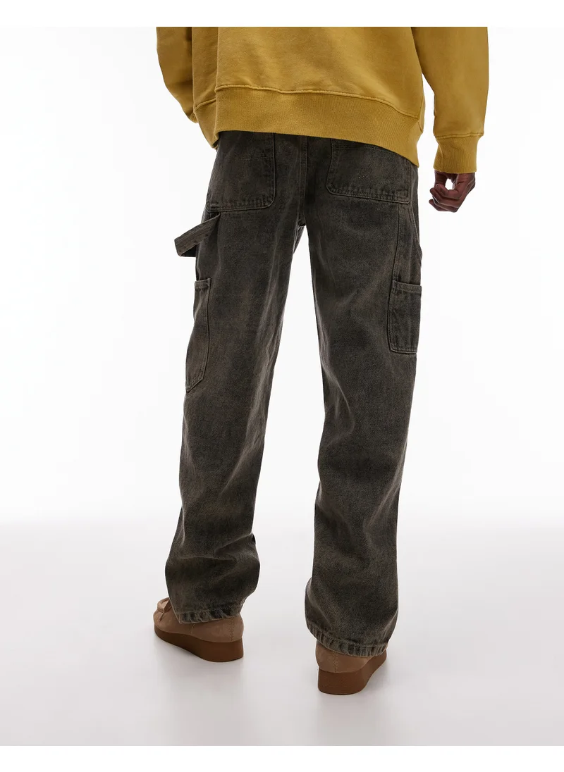 TOPMAN Straight Acid Wash Trousers In Khaki - Khak