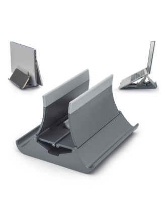 Vertical Laptop Stand, 4 in 1 Stand with Gravity Locking Holder Dock for Table Desktop Organizer and Desk Storage, Fits All MacBook, iPad, Dell, Gaming Laptops, Gray