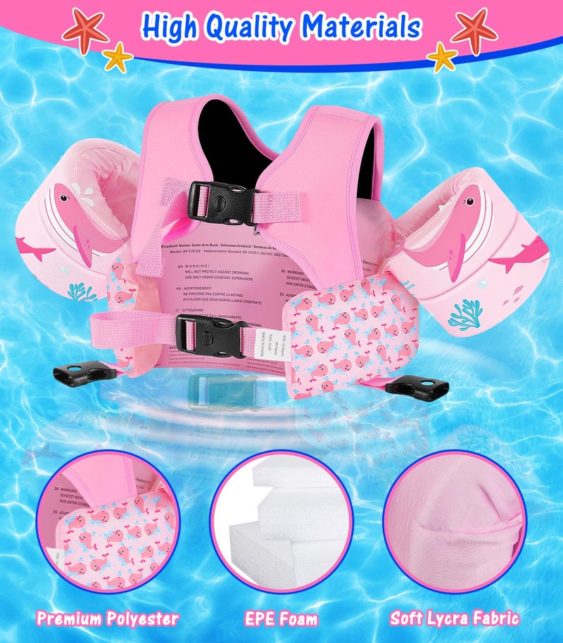 MoKo Swim Arm Floaties 15-30 lbs, Toddler Swim Vest for Kids Cartoon Swimming Water Wings with Crotch Strap, Pool Float Vests Sleeves Shoulder Straps Arm Band for Children, Baby Pink Whale - Image 5